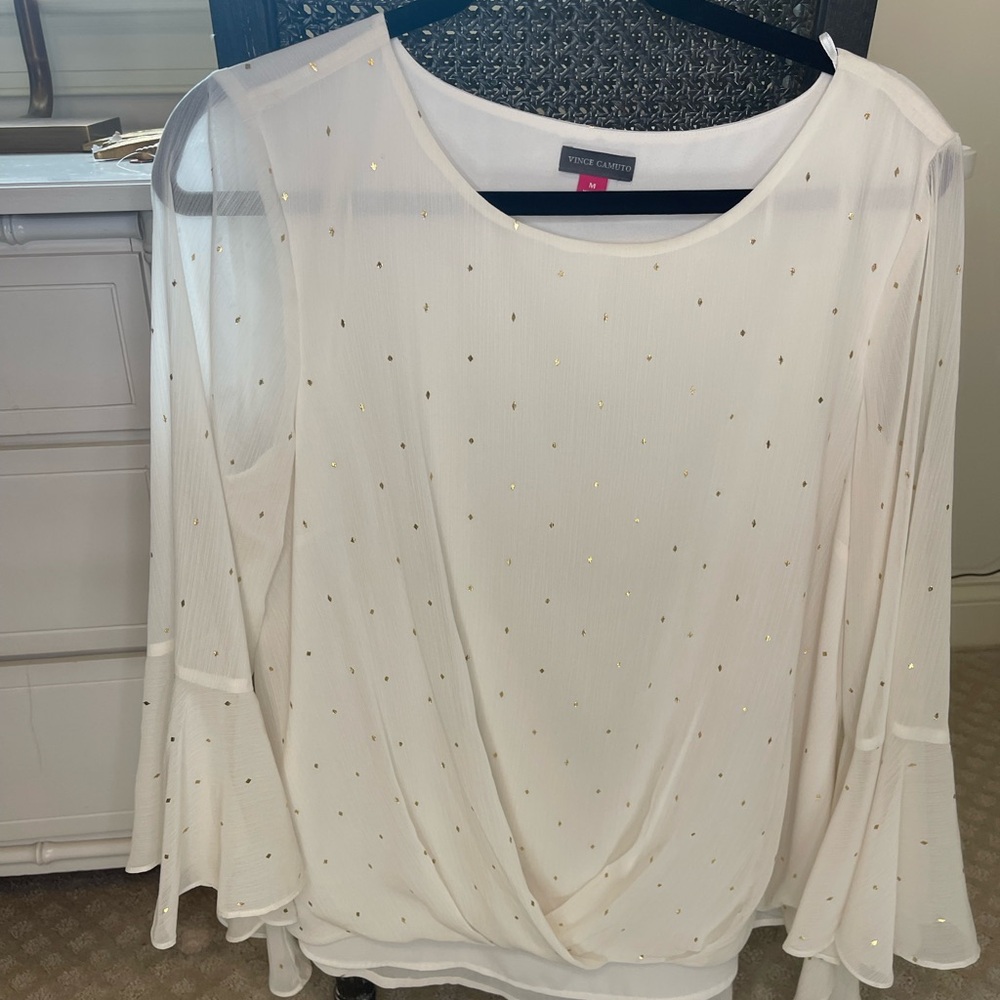 Vince Camuto Metallic Print Ruffle Sleeve Ivory Blouse